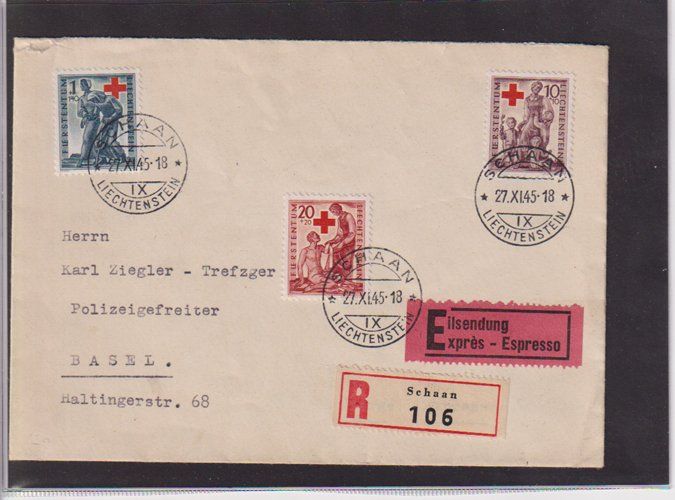 Tutti i francobolli: Fl.1945  E. - R. Brief mit Rotkreuzmarken nach Basel. – Usato da Dornach venduto da kloster33