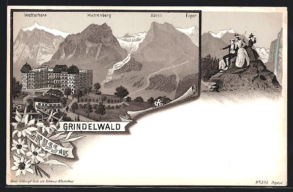 Cartes postales: Litho Grindelwald, Hotel Grindelwald mit – D'occasion à Berlin par bartko-reher