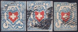 1851, 3 Rayon I-Werte 5Rp. hellblau/rot: Type 15, B3/RO,