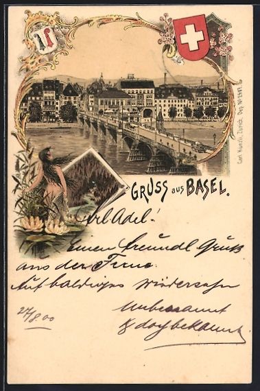 Ansichtskarten: Litho Basel, Brücke mit Stadtpanorama,  – Gebraucht aus Berlin von bartko-reher
