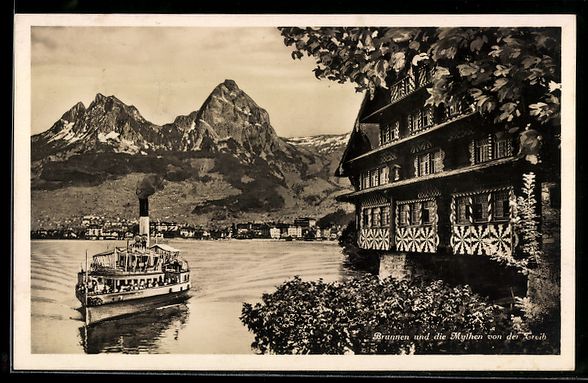 Cartoline postali: AK Brunnen, Ortsansicht mit Dampfer – Usato da Berlin venduto da bartko-reher