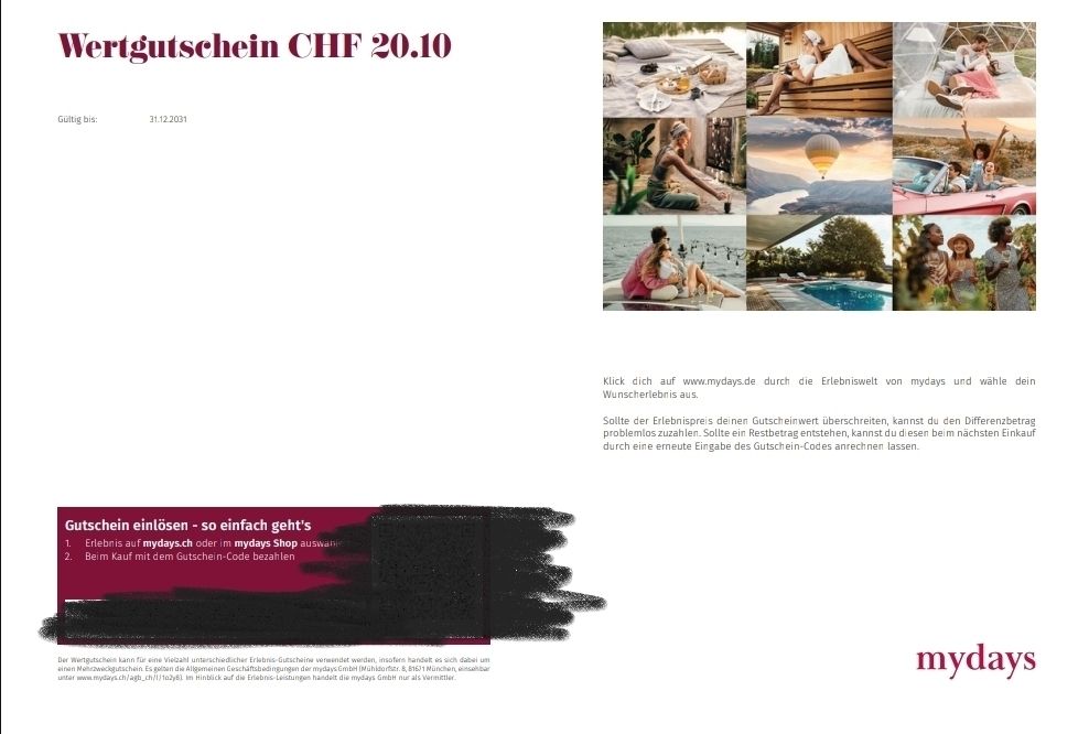 Buoni: MyDays Gutschein CHF 20.10 – Nuovo (secondo la descrizione) da Bottighofen venduto da syogar