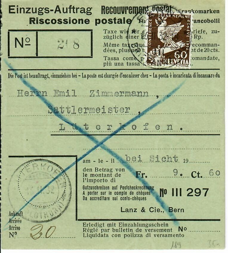 Tutti i francobolli: Einzugs-Auftrag Lüterkofen 1932 – Usato da Hochdorf venduto da Ziegel-16