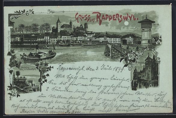 Cartoline postali: Mondschein-Lithographie Rapperswyl, Pano – Usato da Berlin venduto da bartko-reher