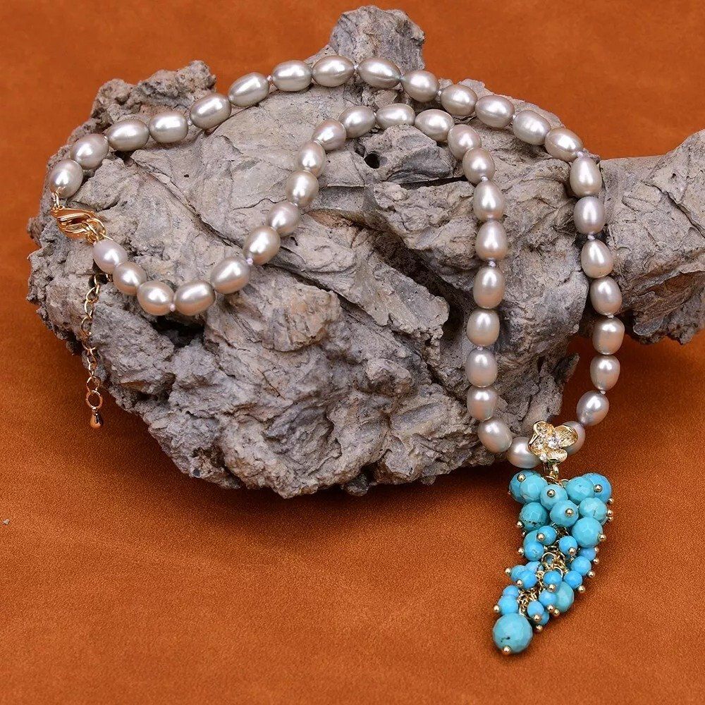 Ketten: Türkis Grau Perlen Kette Collier Perle Turquoise Perlenkette – Neu (gemäss Beschreibung) aus Prilly von ilyria73 2