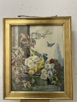 Antikes Aquarell Stillleben mit Blumen und Meisen Vögel