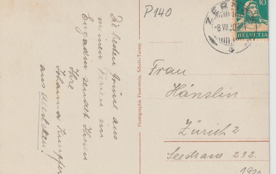 Cartoline postali: P 140 Zernez (Engadin), 1930 – Usato da Freienbach venduto da Bhaltis 1