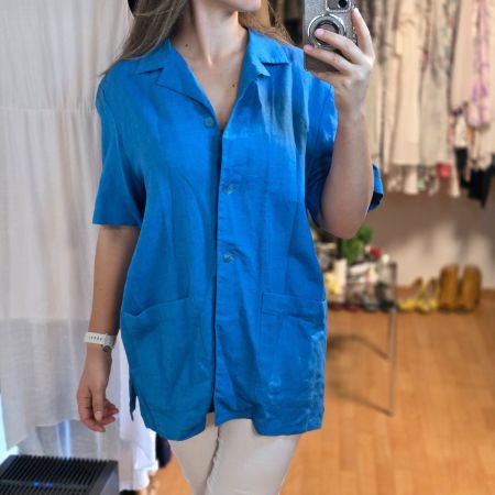 Vintage blaue Bluse oversized mit Schulterpolstern