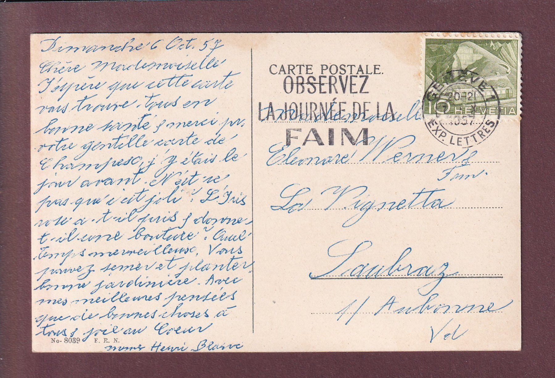 Cartes postales: TERRITET - Dents du Midi - 1957 – D'occasion à Pully par nicecards 1