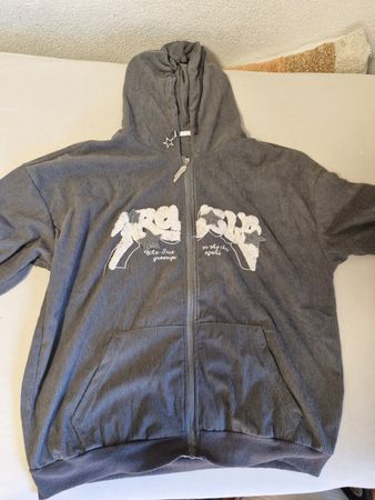 Grauer Cord Hoodie mit auffälligem Print, Gr. L, top Zustand