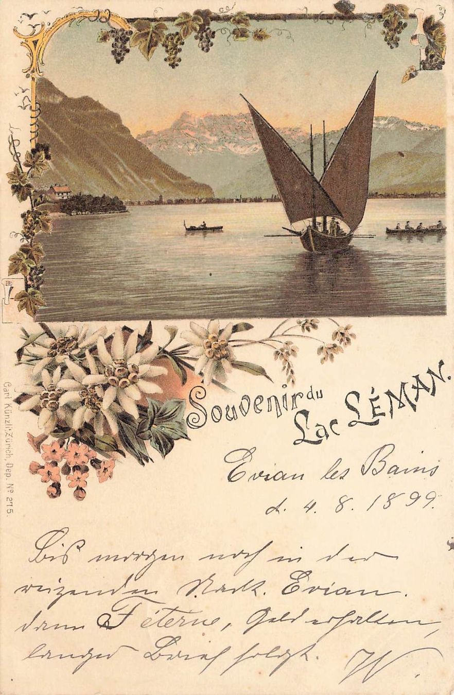 Ansichtskarten: Litho souvenir Lac Leman 1899 – Gebraucht aus Biasca von Blenio71