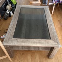 Rustic Wood Coffee Table with Glass Top & Shelf!