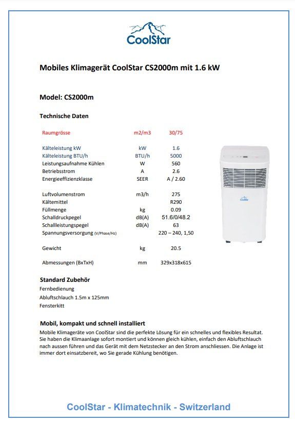 Condizionatori: Mobiles Klimagerät, CoolStar CS2000m – Nuovo (secondo la descrizione) da Hochdorf venduto da sutertechnik-ag 3