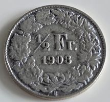 1/2 Franken 1908 Silber Münze Helvetia gute Erhaltung