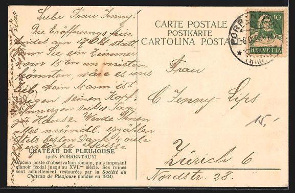 Cartoline postali: Pleujouse, Chateau de Pleujouse, 1927 – Usato da Berlin venduto da bartko-reher 1