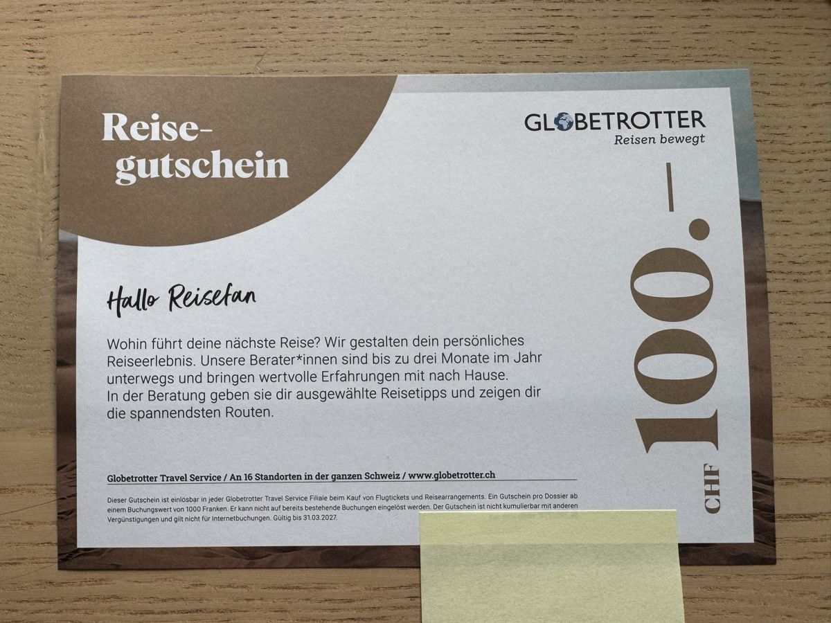 Gutscheine: Globetrotter Reisegutschein FR. 100 – Neu (gemäss Beschreibung) aus Buonas von Mikesteal