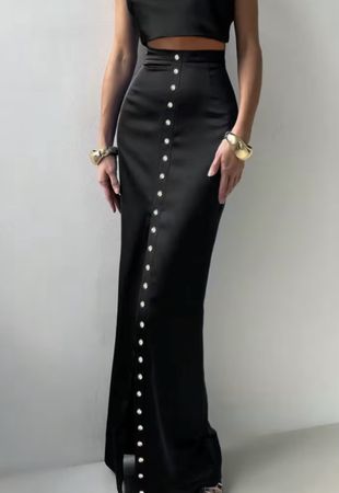 Maxi Gonna👌raso nera con bottoni,.tgM/L-elegante e sexy 