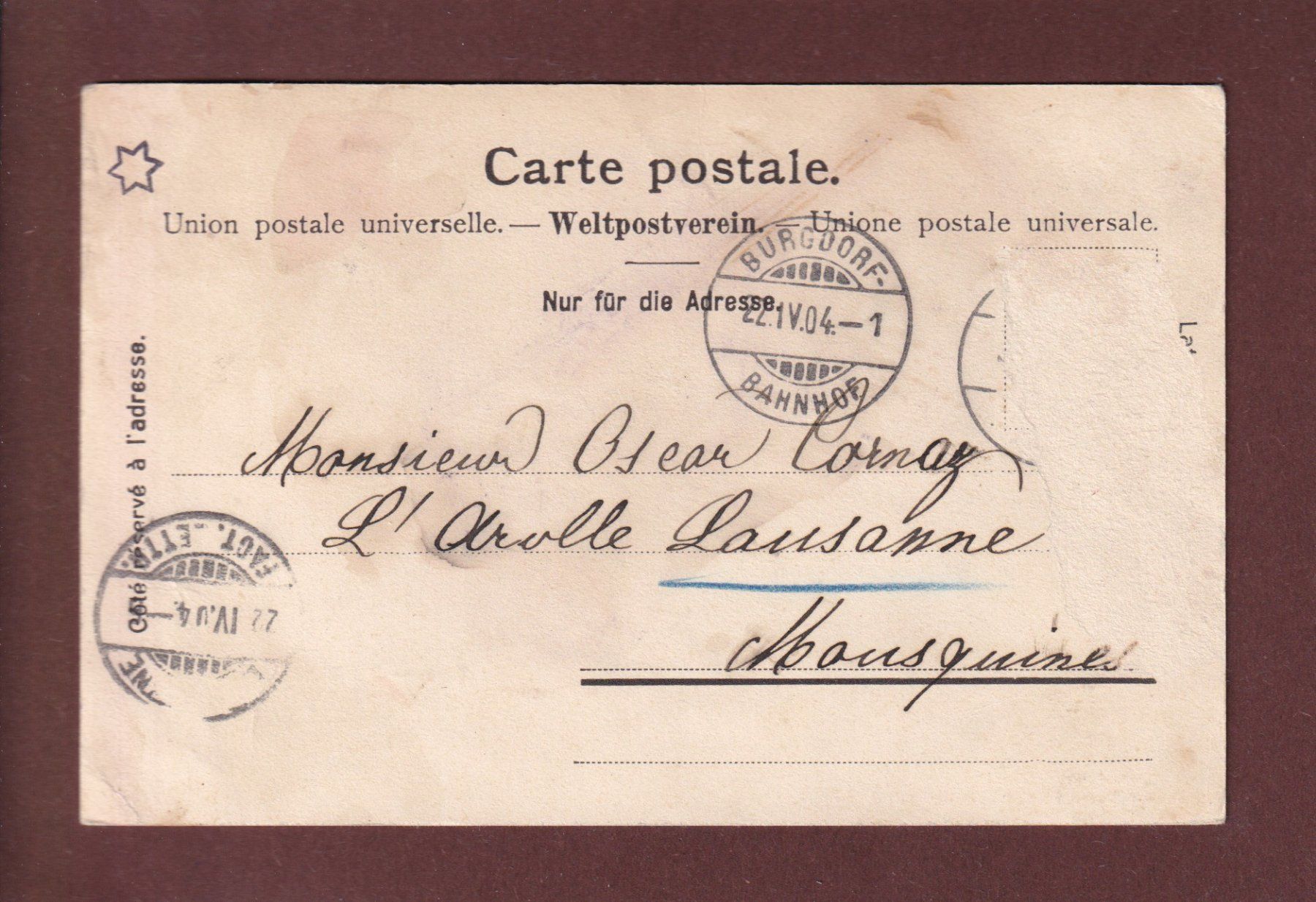 Cartoline postali: BERN - Bundesgasse - Tram - 1904 – Usato da Pully venduto da nicecards 1