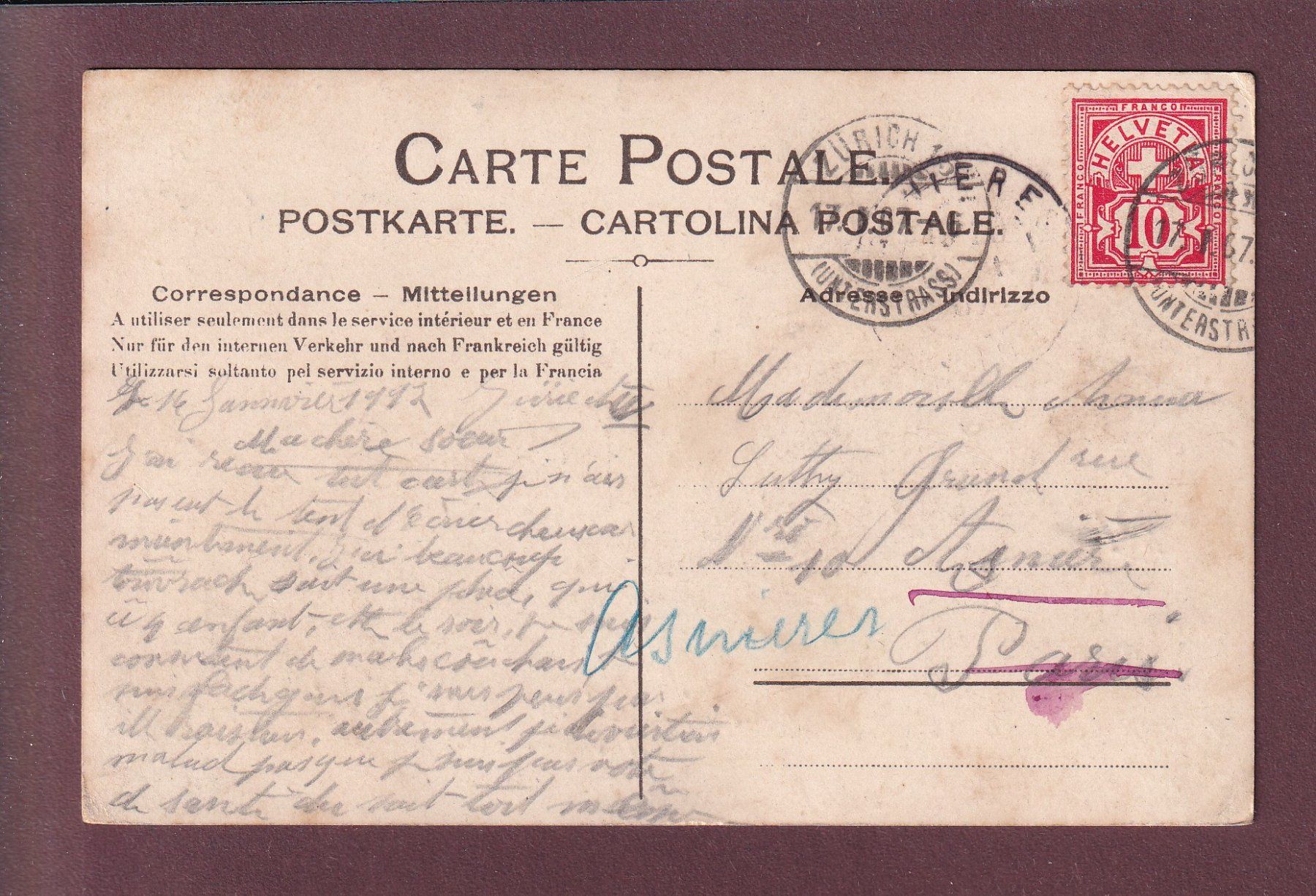 Cartoline postali: ZÜRICH - Theater - 1907 – Usato da Pully venduto da nicecards 1