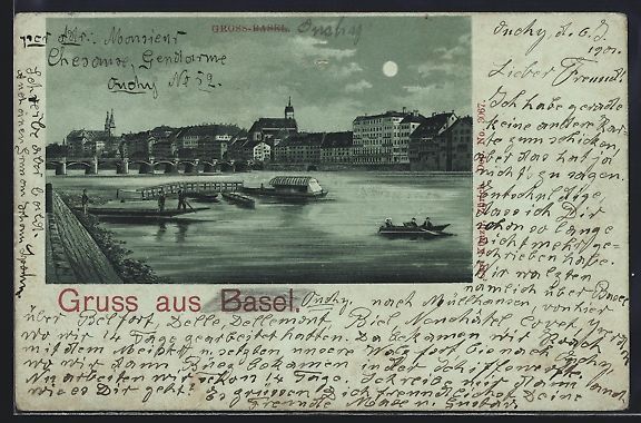 Cartes postales: Mondschein-Lithographie Basel, Blick auf – D'occasion à Berlin par bartko-reher