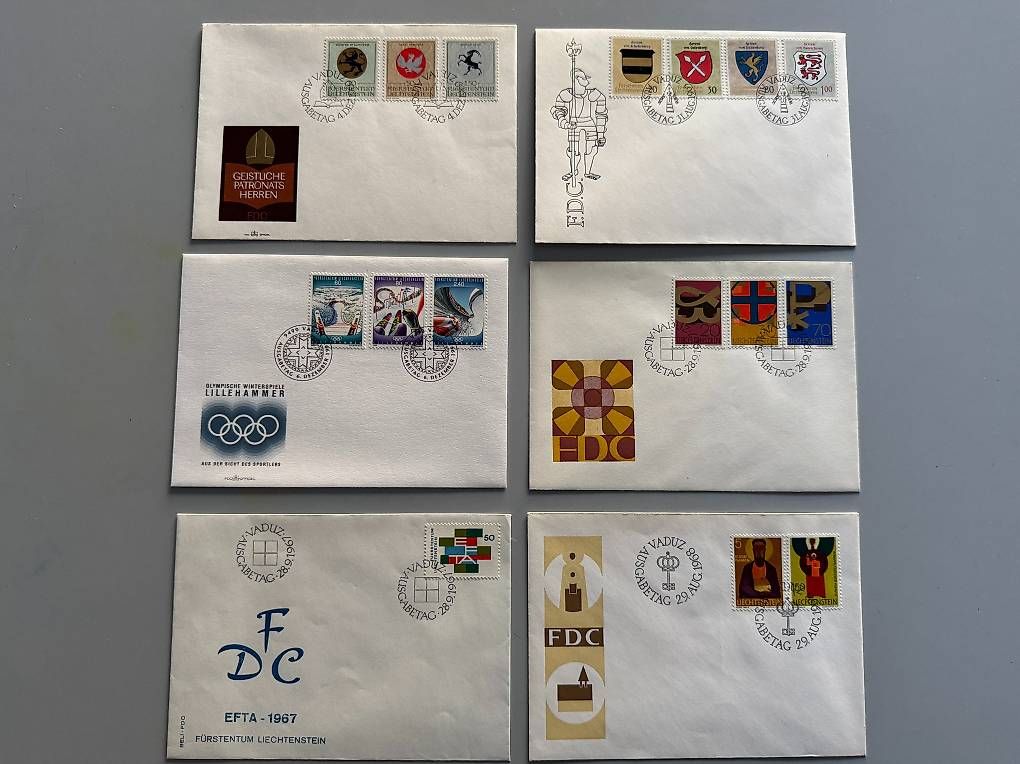 Tutti i francobolli: 6 Briefmarken Ersttagsbriefe Liechtenstein – Usato da Basel venduto da Chregu07
