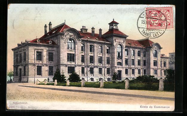 Cartoline postali: AK Neuchâtel, Ecole de Commerce, 1907 – Usato da Berlin venduto da bartko-reher