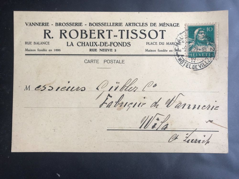 Postkarte R.Robert Tissot Chaux de F. 10.1929 10Rp Tellkopf