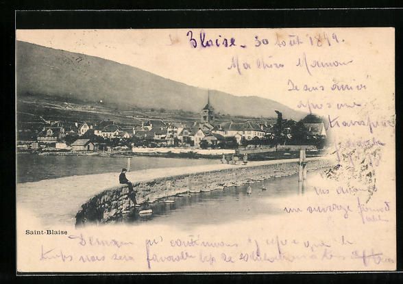 Cartoline postali: Saint-Blaise, Ortsansicht mit Uferpartie – Usato da Berlin venduto da bartko-reher