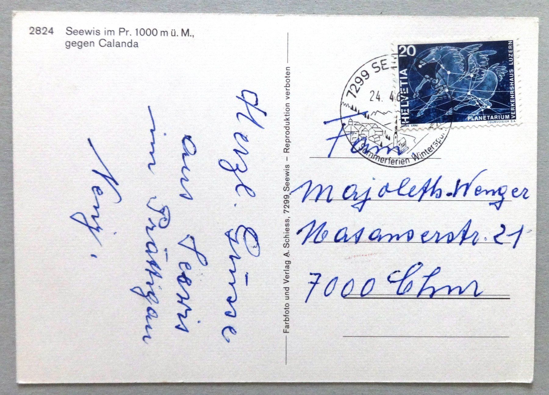 Cartoline postali: Seewis im Pr. gegen Calanda – Usato da Fétigny venduto da Billy2miny 1