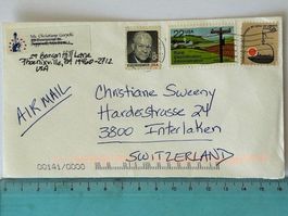 🗽 USA Beleg 1985 mit 3 Briefmarken Vollstempel 👉Interlaken