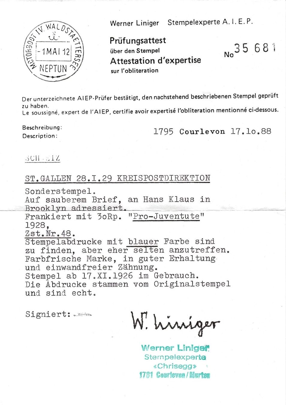 Alle Briefmarken: Brief mit blauem Sonderstempel - mit Attest – Gebraucht aus Gümligen von Geniusbuy 2