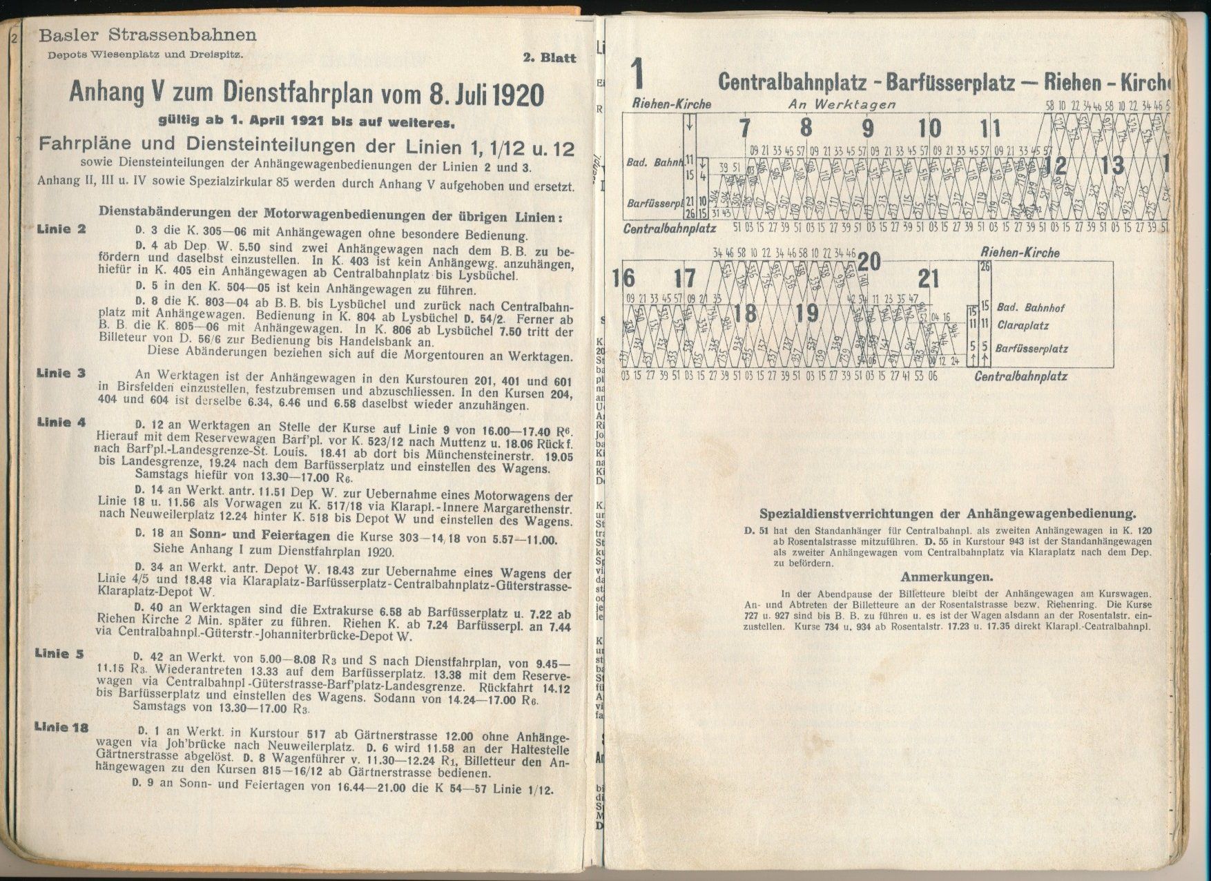 Sonstiges zum Sammeln & Seltenes: Bahn Tram Basel Basler Strassenbahn BStB Dienstfahrplan 1920 – Gebraucht aus Felben-Wellhausen von  2