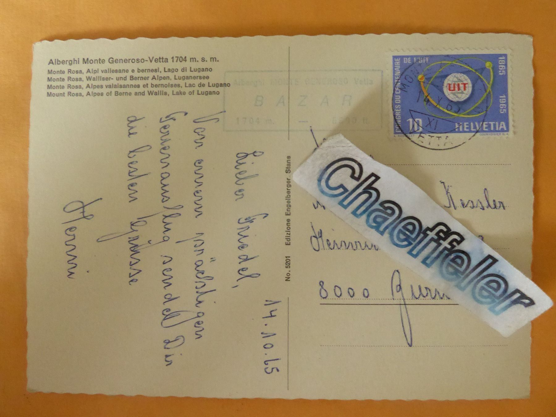 Ansichtskarten: 1965 Alberghl Monte Generoso-Veta – Gebraucht aus Zürich von Chaeffeler 1