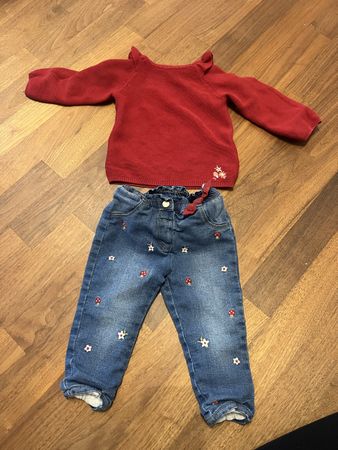 Girls Set: Red Knit Top & Mushroom Jeans - Size 12 Months