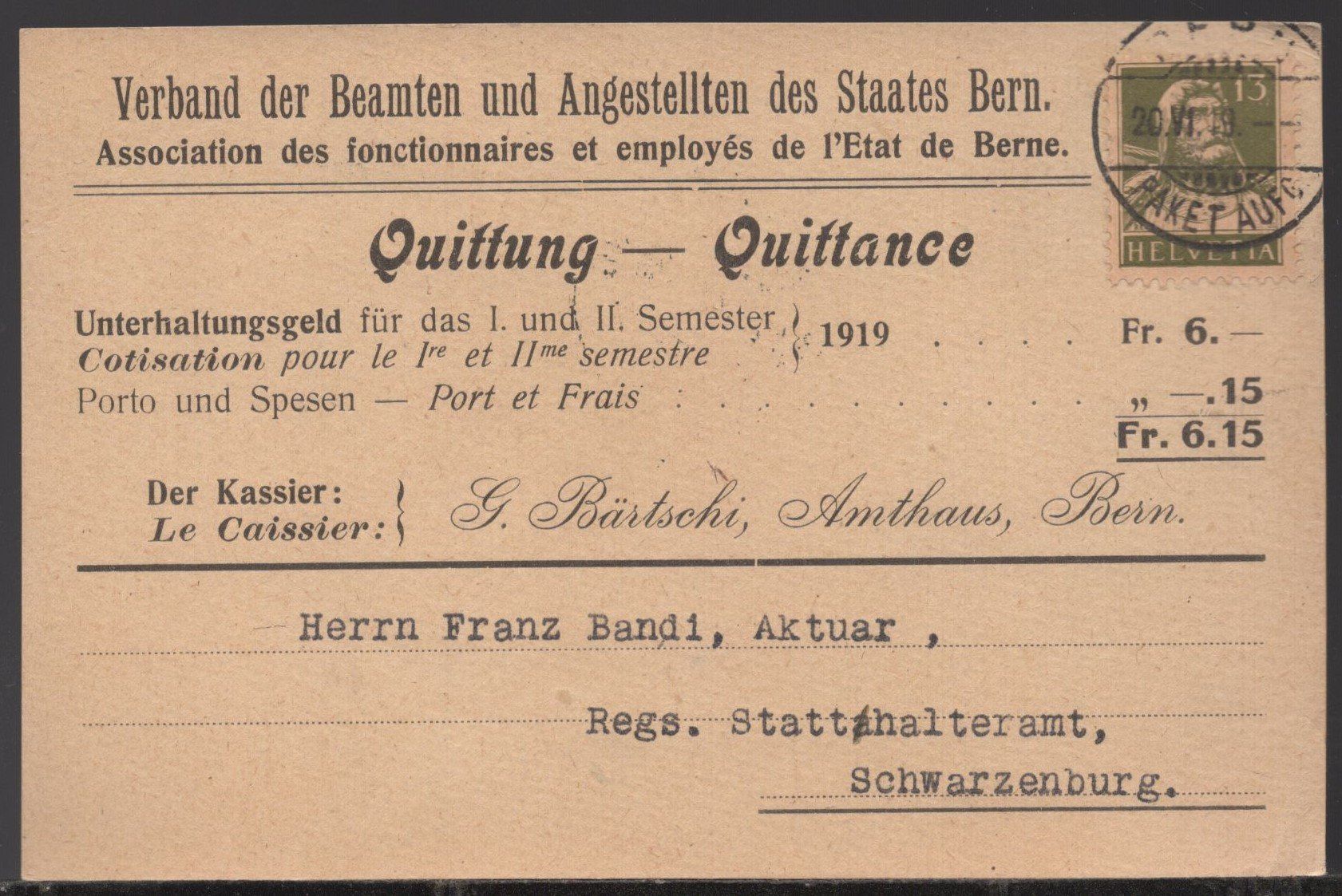 Tutti i francobolli: BERN, 20.VI.19  Quittung – Usato da Aarau venduto da kufi44