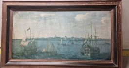 Antikes Öl-Gemälde–Historische Hafenansicht mit Grosssegler