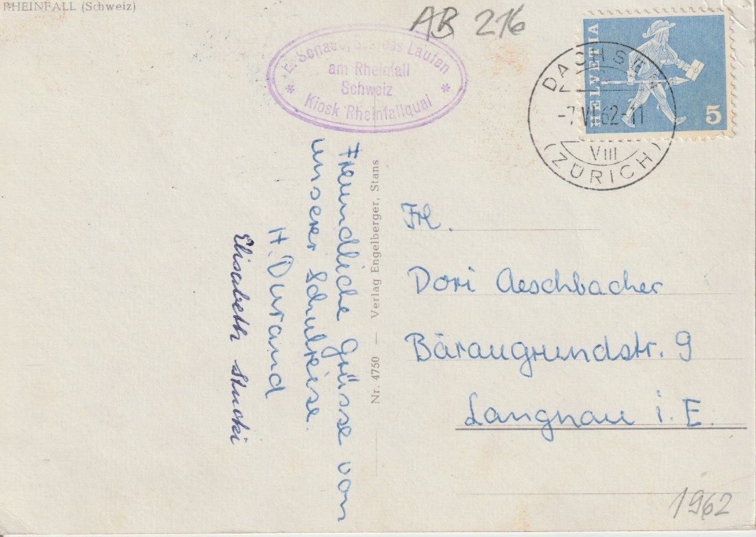 Cartoline postali: AB 216 Rheinfall, 1962 – Usato da Freienbach venduto da Bhaltis 1