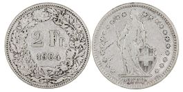 2 Franken von 1904 (um sehr schön). Ab 1.--