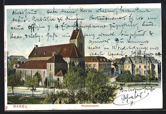 Cartoline postali: Basel, Wettsteinplatz mit Kirche, um 190 – Usato da Berlin venduto da bartko-reher