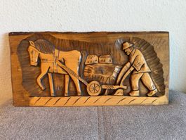 Holzschnitzerei Bauer mit Pferd und Wagen Krk guter Zustand