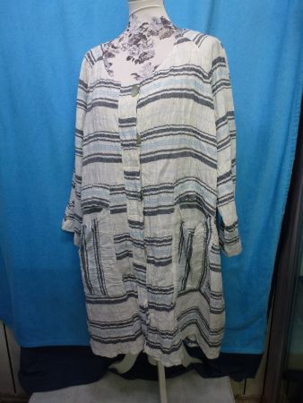 KLEID LEINEN WEISS BLAU GESTREIFT GR XL NEU LANGARM WEITE FO