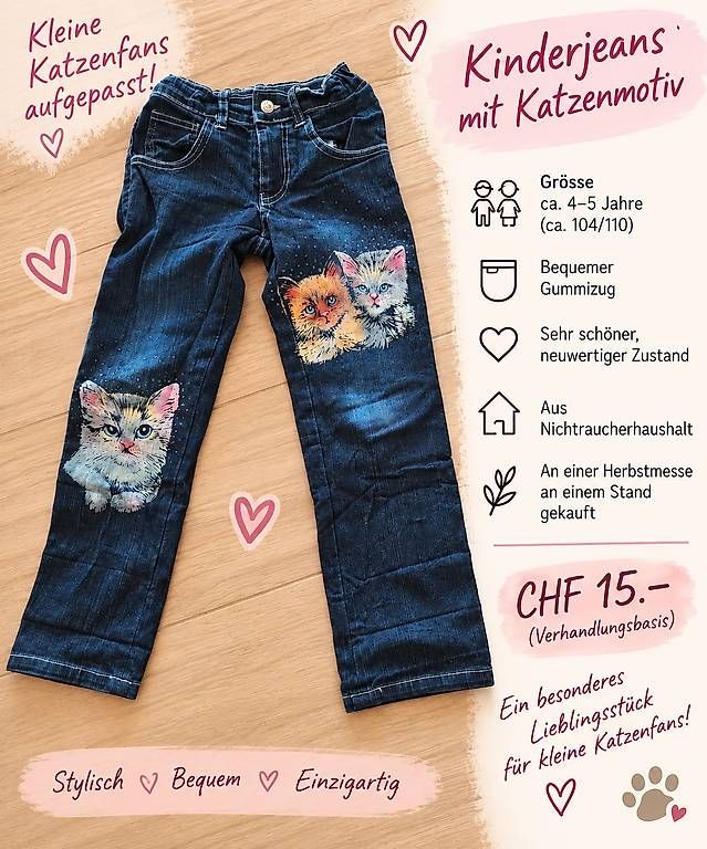 Hosen: Wunderschöne Kinderjeans mit Katzenmotiv – Gebraucht aus Oberrüti von Sandrina908