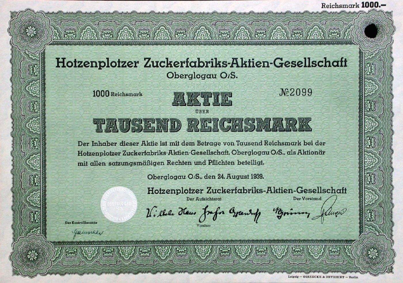 Dokumente: Hotzenplotzer Zuckerfabriks AG, Oberglogau - 1939 – Gebraucht aus Solothurn von Sgasche