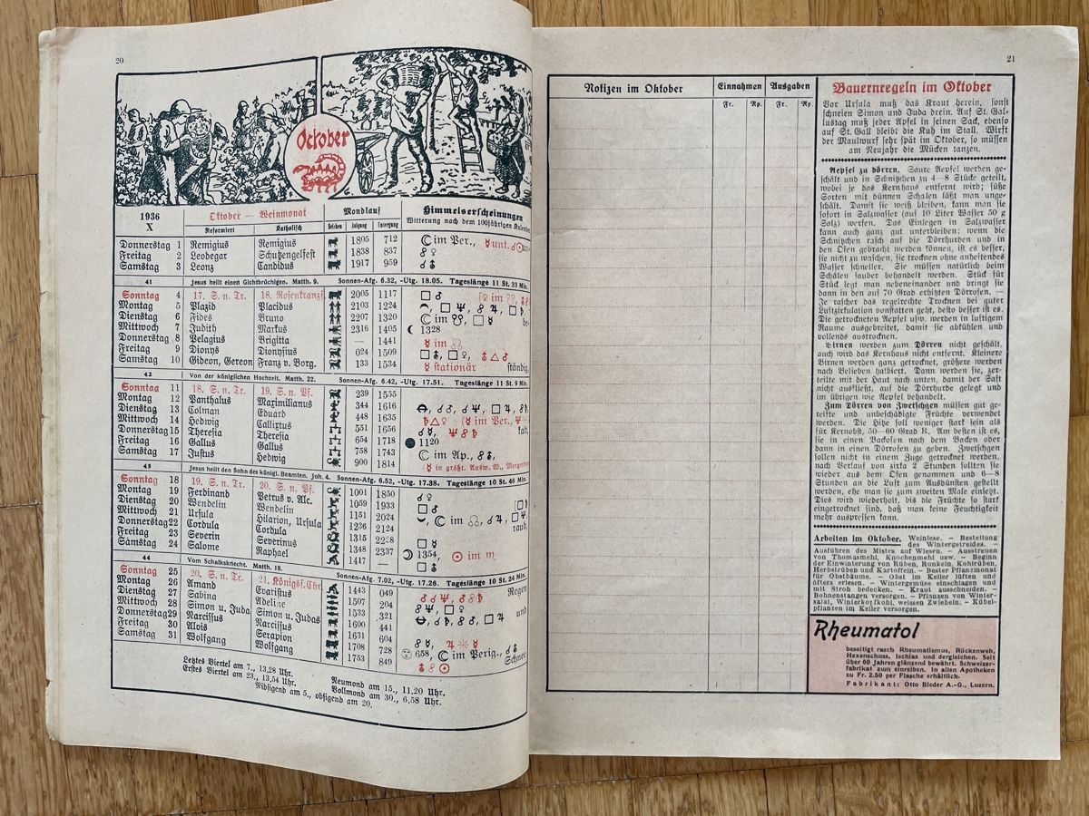 Calendari: Schweizer Bauer Kalender 1936 – Usato da Davos Monstein venduto da pendragon79 1