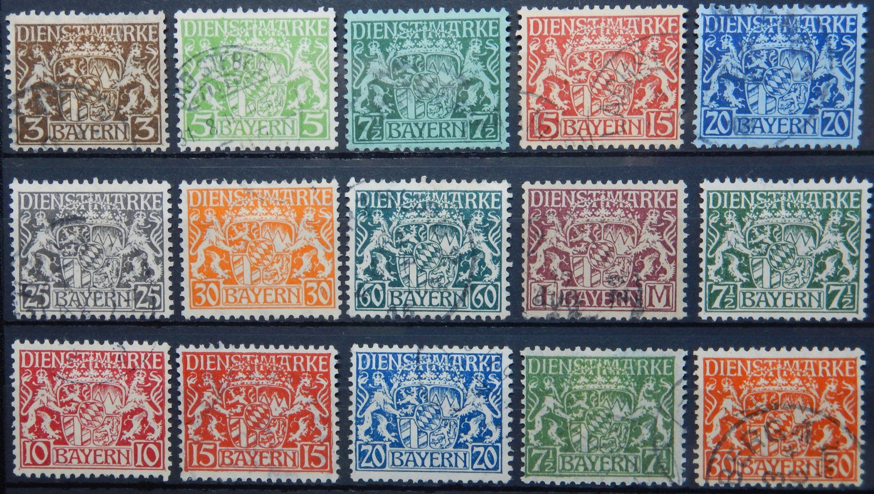 Tutti i francobolli: Bayern Dienst ex. Kat. 16-28 gest. 1916 – Usato da Zürich venduto da Muehlekauf