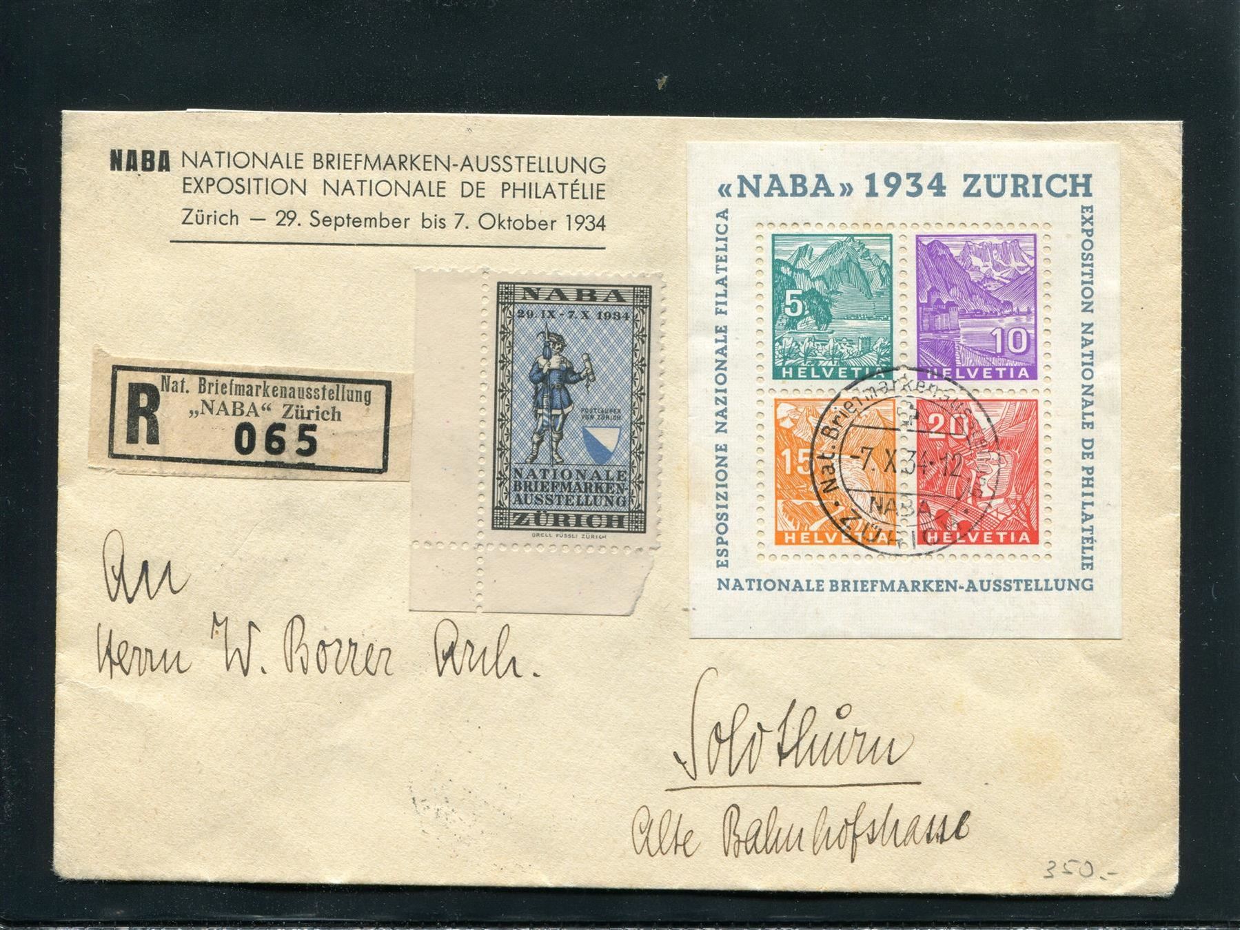 Alle Briefmarken: 1934 NABA Block auf Brief nach Solothurn – Gebraucht aus Winterthur von Kyoung