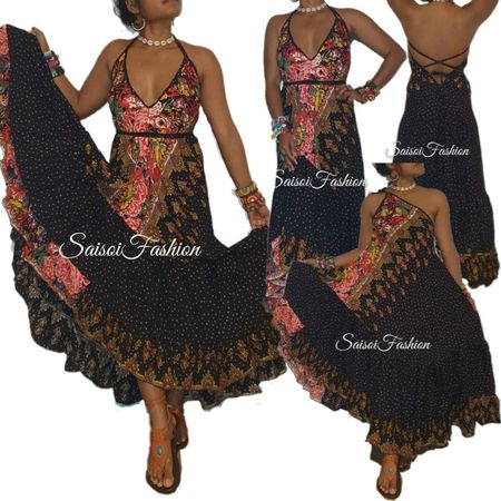 Sommer Boho Ethno  Strand Floral schwarz-Maxikleid XS-L
