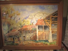 Aquarelle paysage de ferme signée R Biacabe cadre bois