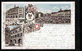 Litho Basel, Marktplatz, Rathaus, Rathau