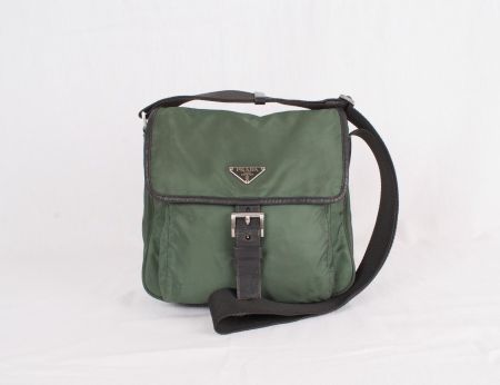 AUTH PRADA GREEN NYLON SHOULDER CROSSBODY BAG.